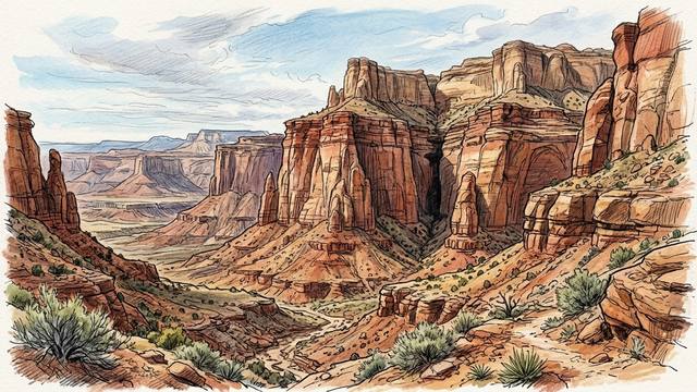 Illustration of a desert sandstone canyon: tall red and orange cliffs and towers above a dry wash, with desert scrub in the foreground and mesas in the distance.