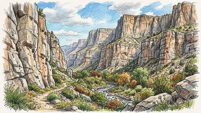 Illustration of Rifle Mountain Park in Colorado: a narrow canyon of tall grey and orange limestone walls, with a trail and a creek winding between green and autumn-coloured trees on the canyon floor.