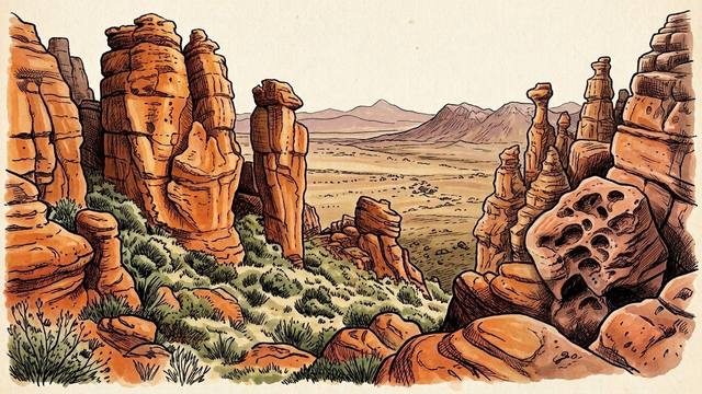 Illustration of orange sandstone towers and boulders among fynbos in the Rocklands, Cederberg, South Africa.