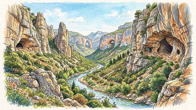 Illustration of the Mascún canyon at Rodellar in the Sierra de Guara: orange and grey limestone walls with caves and a tall pillar, a winding river and green scrub below.