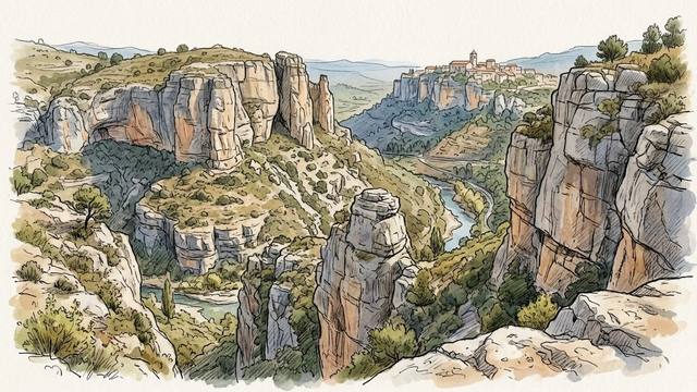 Illustration of the Siurana gorge in Catalonia: grey and orange limestone cliffs and pillars above a winding river, with the village of Siurana perched on the clifftop in the distance.