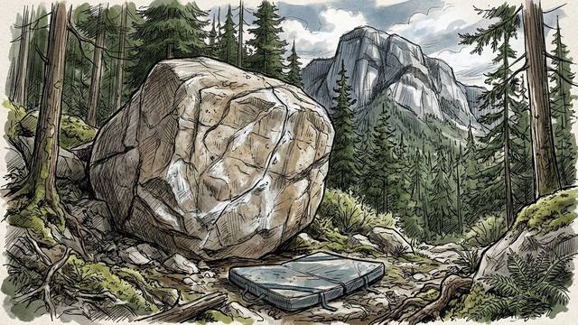Illustration of a large granite boulder with a crash pad beneath it in the Squamish forest, British Columbia, with the Stawamus Chief rising behind the conifers.