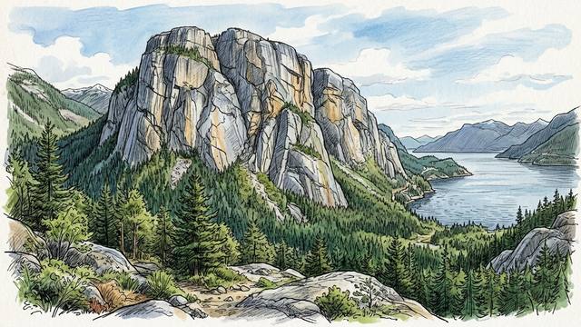Illustration of a granite dome streaked with cracks above the forest, in the style of the Stawamus Chief, Squamish