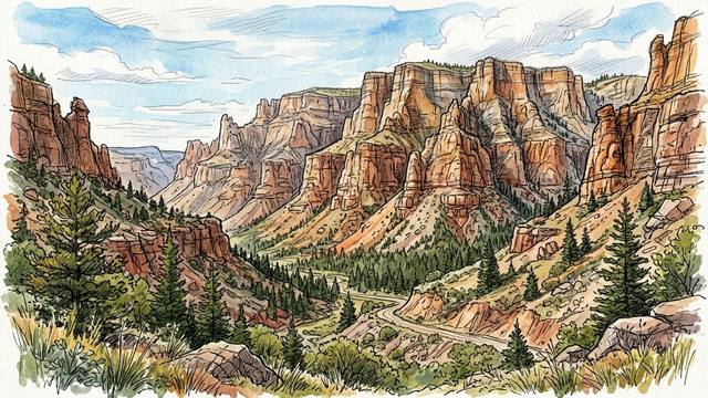 Illustration of Ten Sleep Canyon in Wyoming's Bighorn Mountains: tiers of orange and cream dolomite cliffs and towers above pine-covered slopes, with a road winding along the canyon floor.