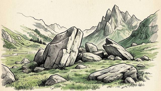 Illustration of granite boulders in an Alpine meadow in Val di Mello, Italy, with jagged peaks behind.
