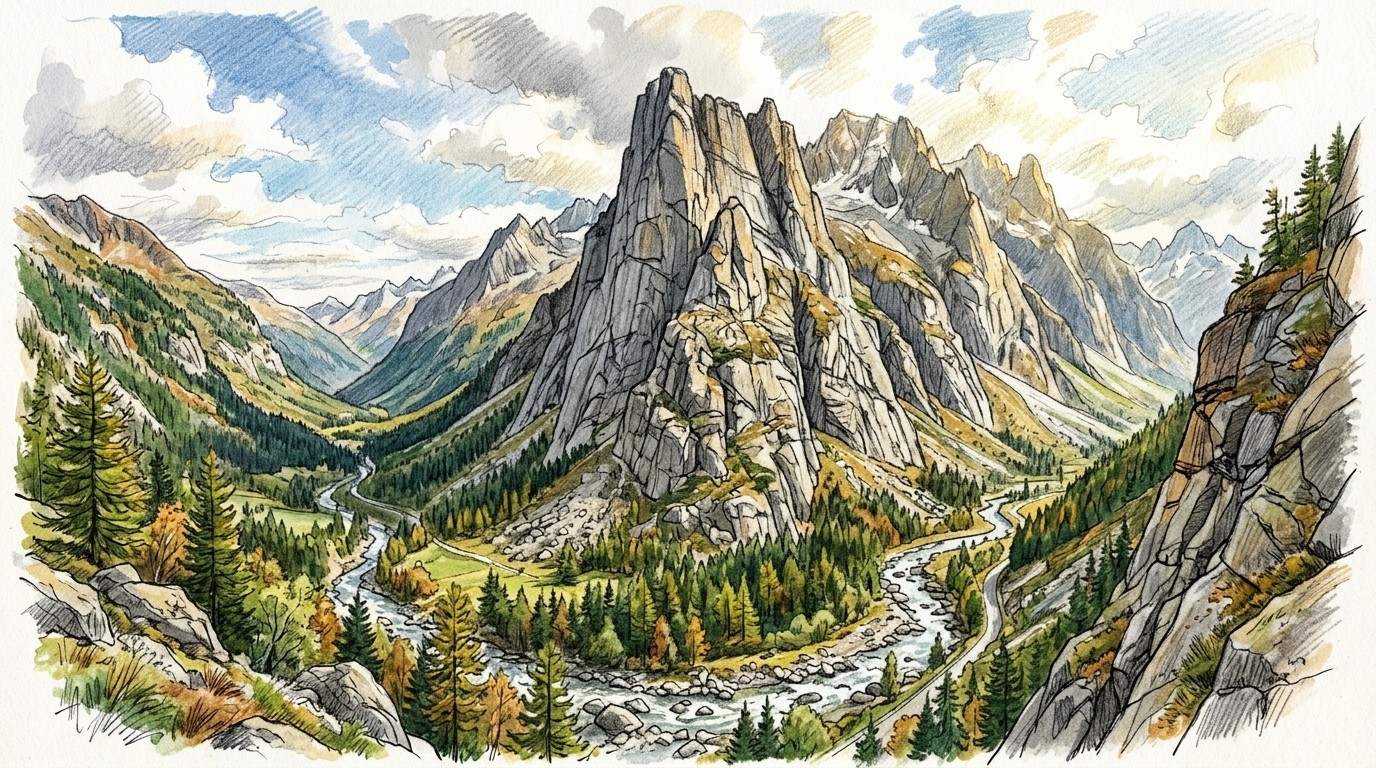 Illustration of grey rock walls above a river and larch forest in Valle dell'Orco, Italy