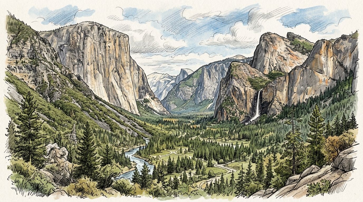 Watercolour illustration of Yosemite Valley: El Capitan on the left, Half Dome in the distance, a waterfall on the right, and the Merced River winding through pine forest and meadows on the valley floor.